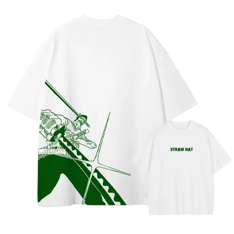 White t-shirt with bold green straw hat pirates graphic and matching straw hat text on front for fans of hat pirates