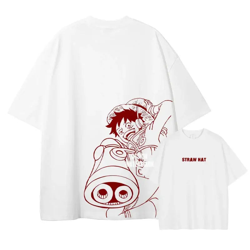 White oversized t-shirt with red line-art print of luffy and chopper and smaller tee with straw hat pirates text