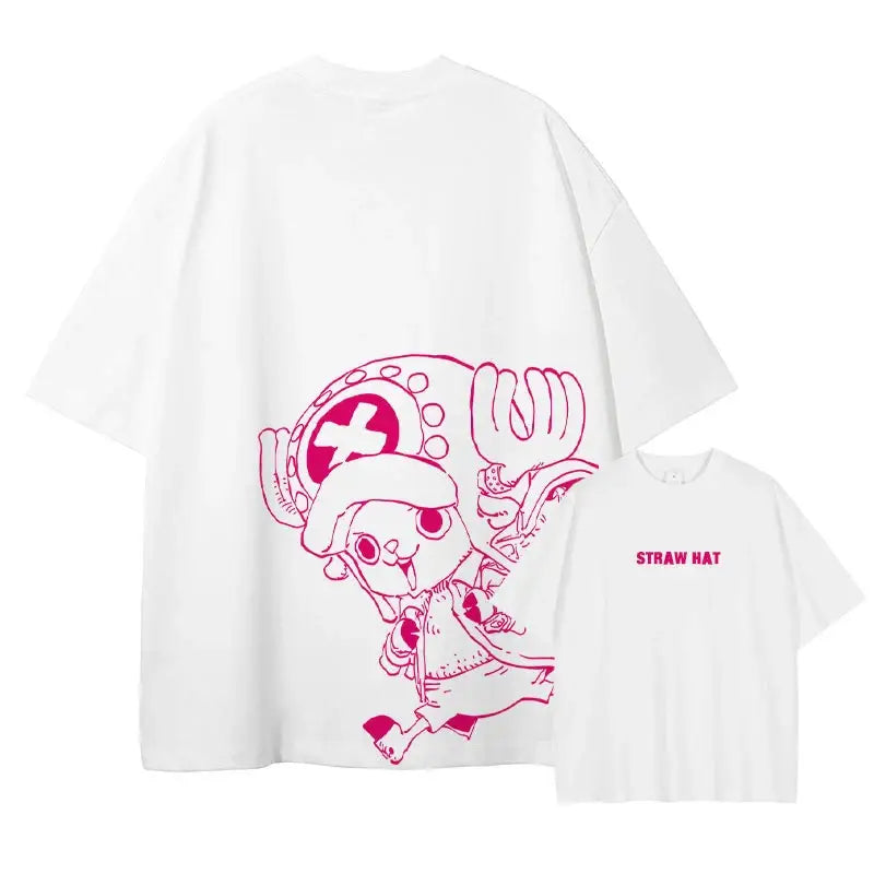 White oversized t-shirt with vibrant pink chopper line-art and straw hat pirates text on double-sided print