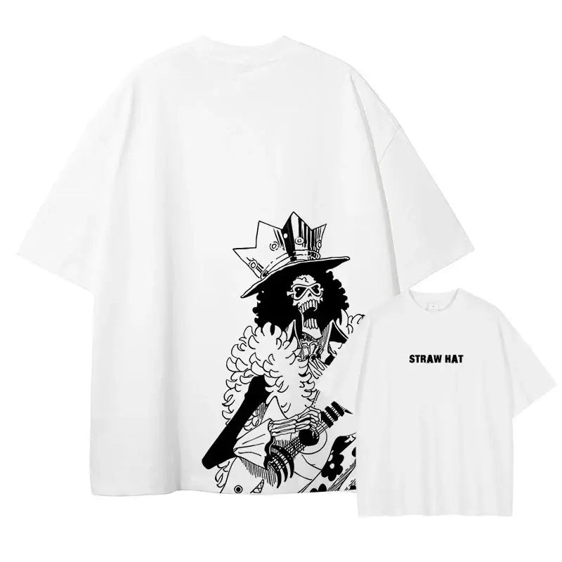White oversized one piece straw hat pirates t-shirt featuring black and white skeleton graphic in straw hat and coat