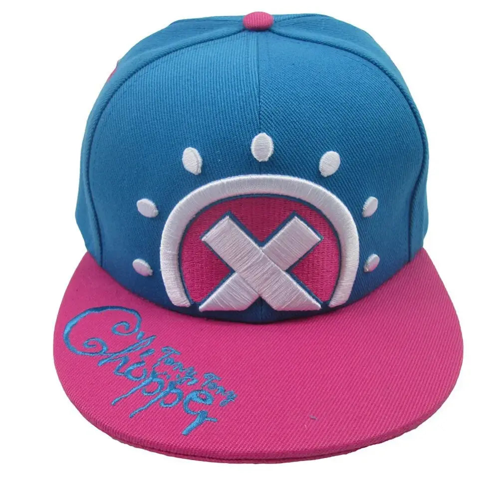 One Piece Tony Tony Chopper baseball cap with vibrant blue and pink snapback featuring embroidered x logo and chopper script