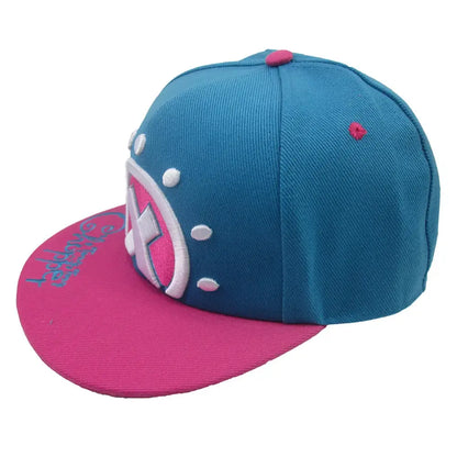 One Piece Tony Tony Chopper baseball cap in vibrant blue and pink with bold embroidered logo and decorative dots