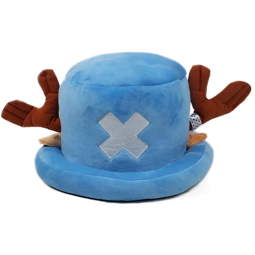 Blue plush tony chopper plush hat featuring brown reindeer antler appendages and a gray cross emblem