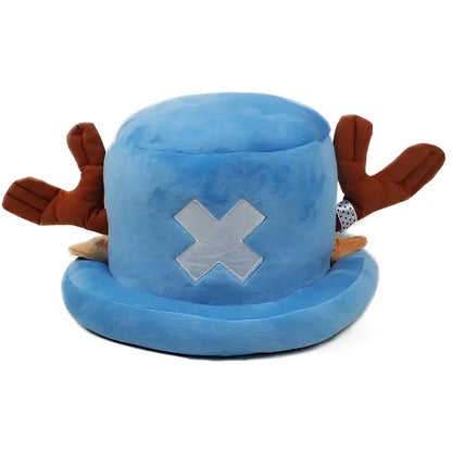 Blue plush tony chopper plush hat featuring brown reindeer antler appendages and a gray cross emblem