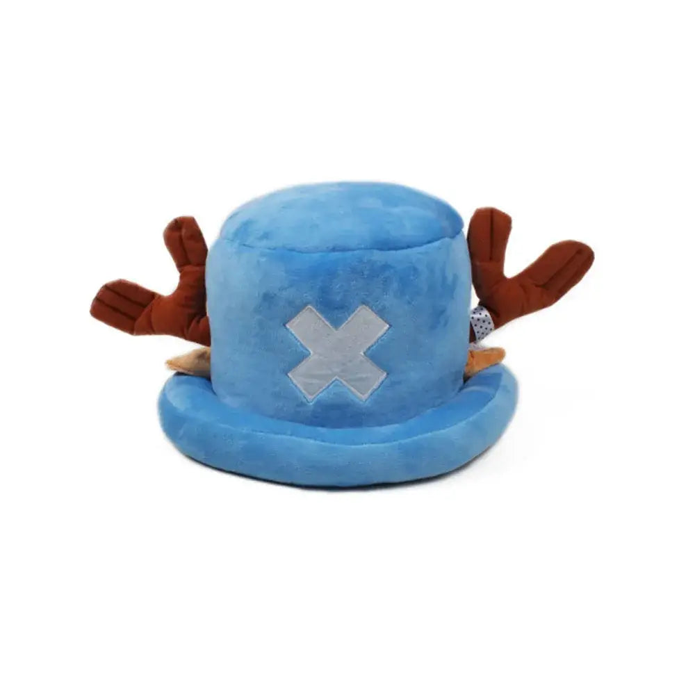 Tony chopper plush hat in blue with brown reindeer antler cap and silver x emblem for one piece fans