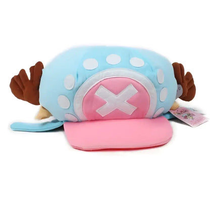One piece tony chopper plush hat with light blue and pink fabric, white polka dots, brown antler ears, and pink emblem