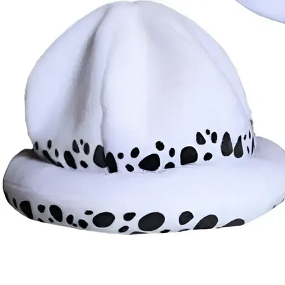 White plush tony chopper plush hat with black paw print pattern around the brim and reindeer antler cap design
