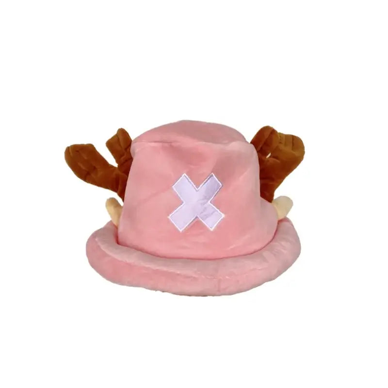 Pink plush tony chopper plush hat with brown reindeer antler cap and white embroidered x on the front