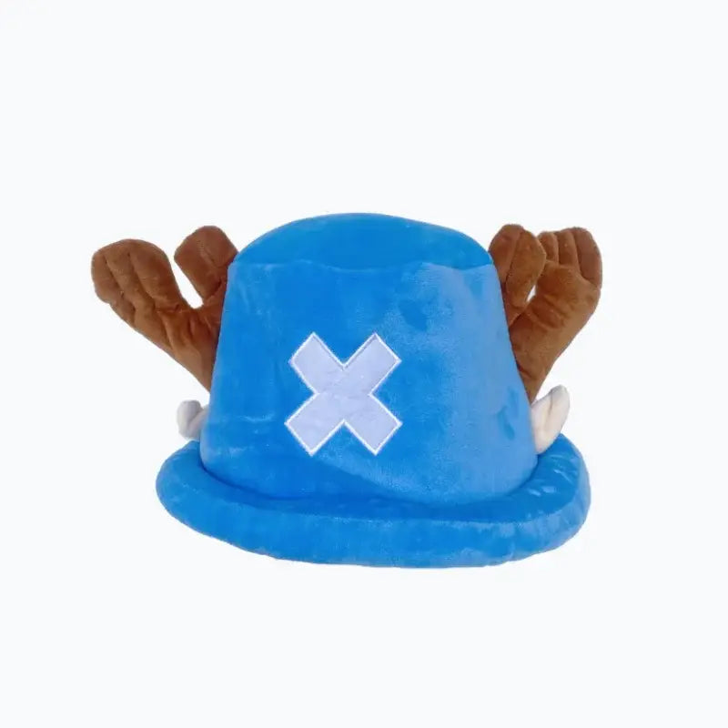 One piece tony chopper plush hat in blue with brown reindeer antler cap and white x emblem on the front