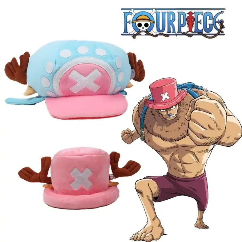 One Piece tony chopper plush hat in light blue and pink with white polka dots and brown reindeer antler cap ears