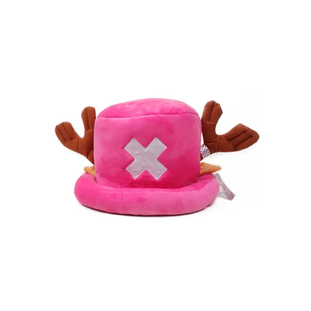 Tony chopper plush hat featuring a pink plush design with brown reindeer antlers and a white cross emblem