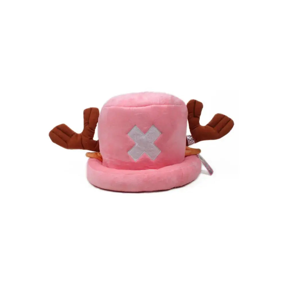 One piece tony chopper plush hat is a pink plush hat with brown reindeer antler ears and a white cross emblem