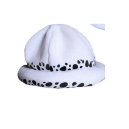 White plush tony chopper plush hat with black paw print pattern around the brim reindeer antler cap