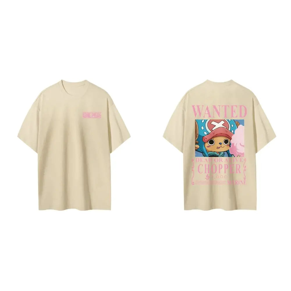 Beige short sleeve tony tony chopper tee with pink wanted graphic on back and small one piece logo on chest