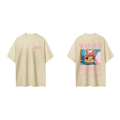 Beige short sleeve tony tony chopper tee with pink wanted graphic on back and small one piece logo on chest
