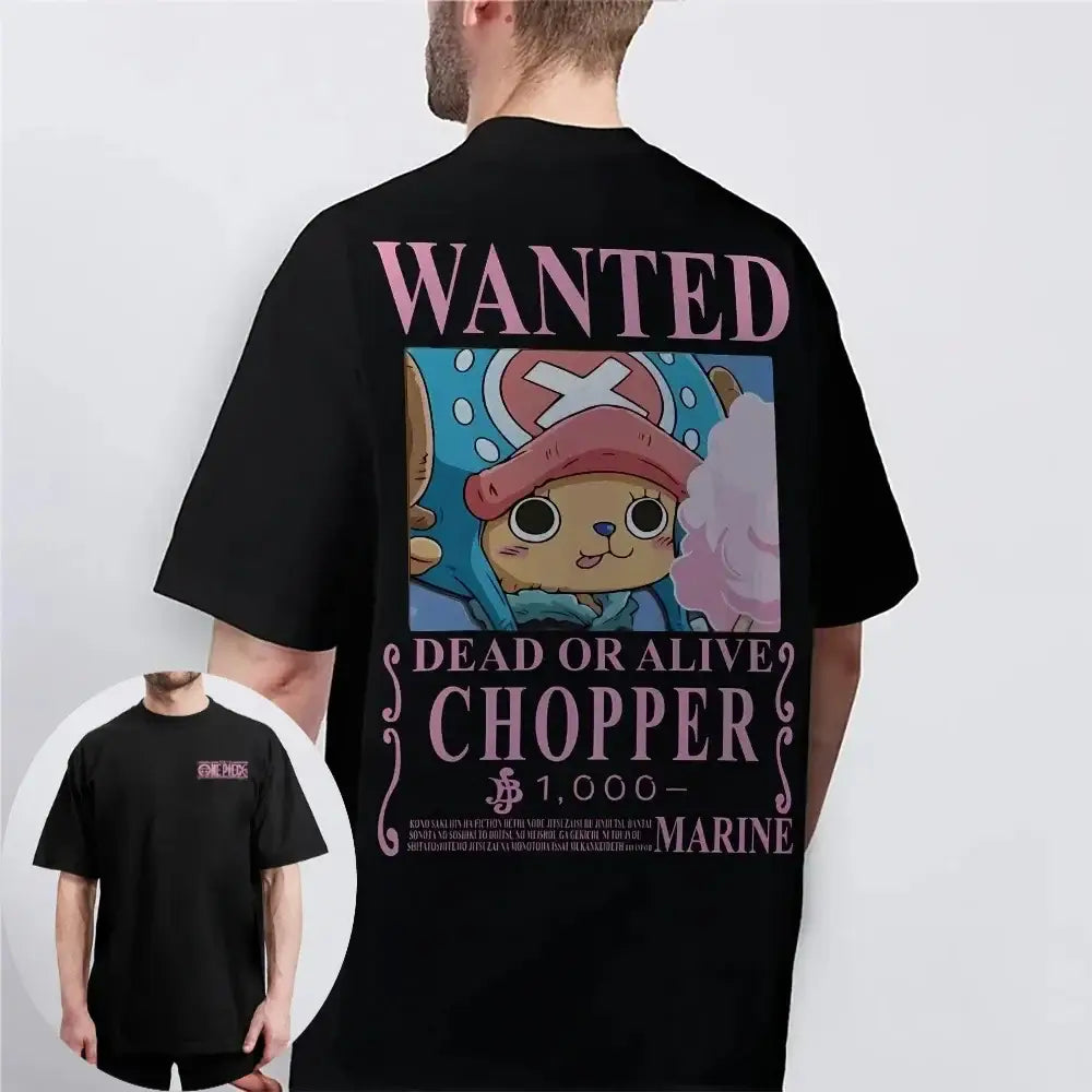 Black short-sleeved tony tony chopper tee featuring pink and blue wanted poster design from one piece