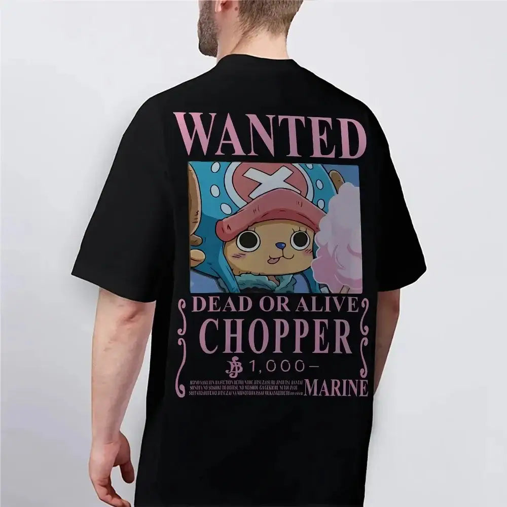 Black short-sleeved tony tony chopper tee with pink and blue wanted poster design from one piece punk collection
