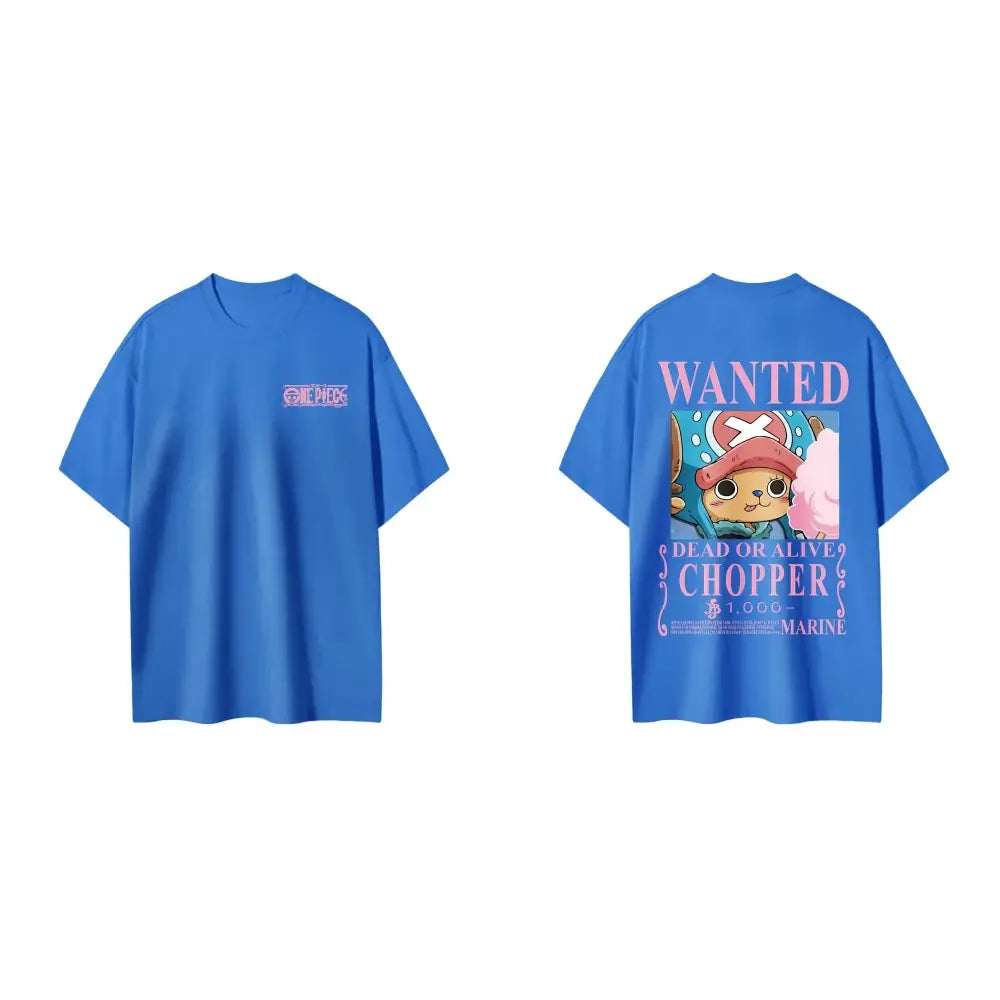 Blue short sleeve tee featuring a wanted poster design of tony tony chopper on the back and pink one piece logo front