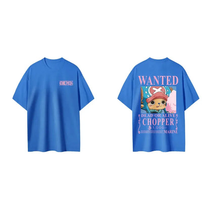 Blue short sleeve tee featuring a wanted poster design of tony tony chopper on the back and pink one piece logo front