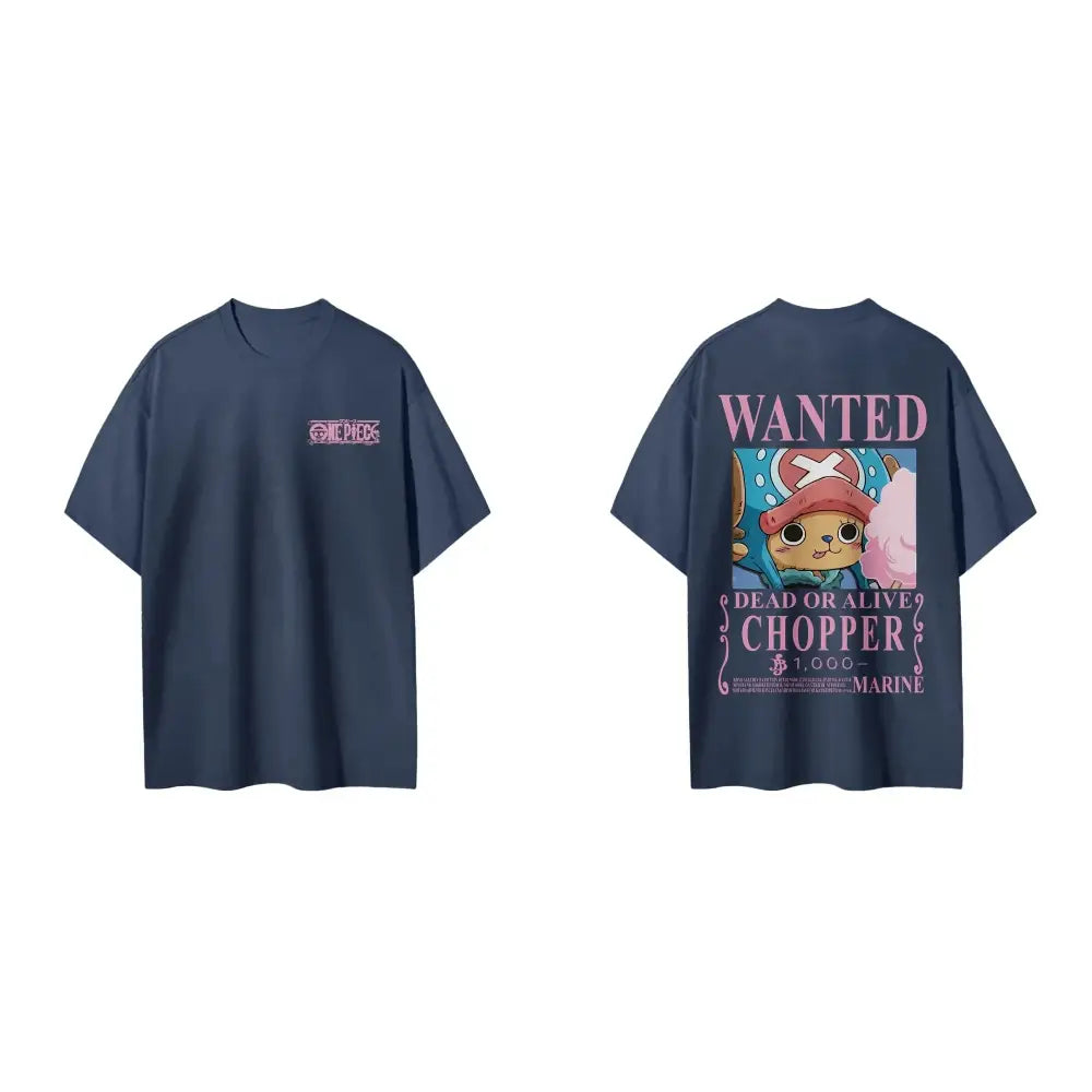 Navy blue short sleeve one piece tee with pink wanted graphic of tony tony chopper on the back and logo on chest