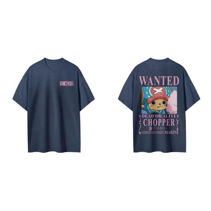 Navy blue short sleeve one piece tee with pink wanted graphic of tony tony chopper on the back and logo on chest