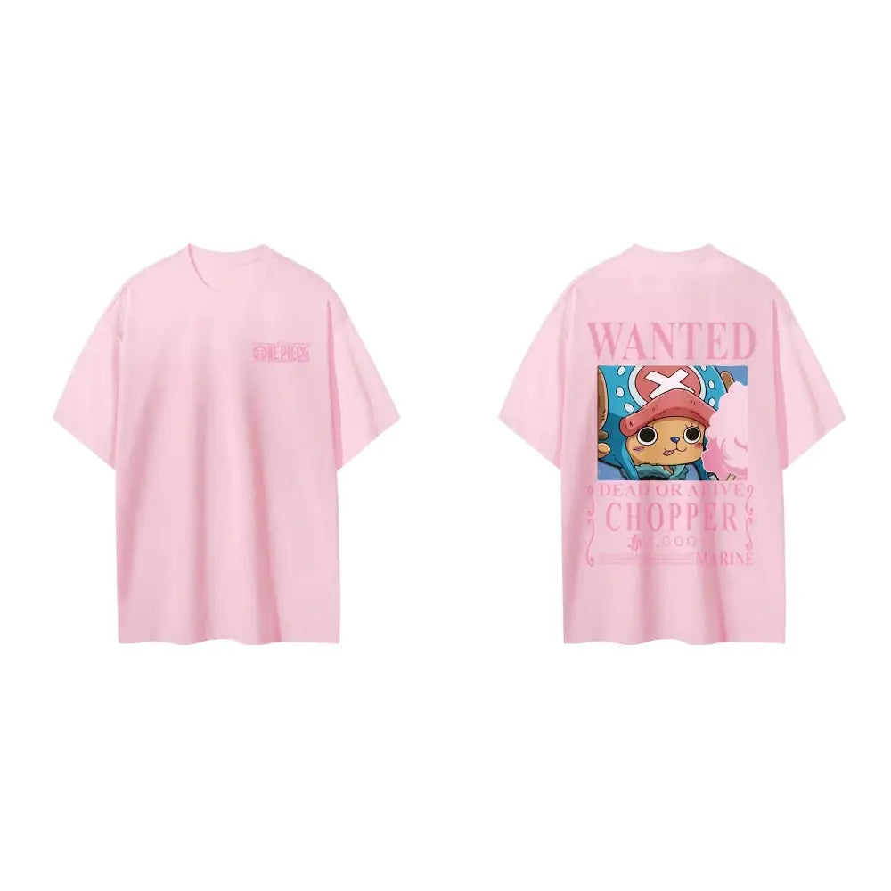 Pink cotton short sleeve t shirt with tony tony chopper wanted graphic on back and one piece logo on front