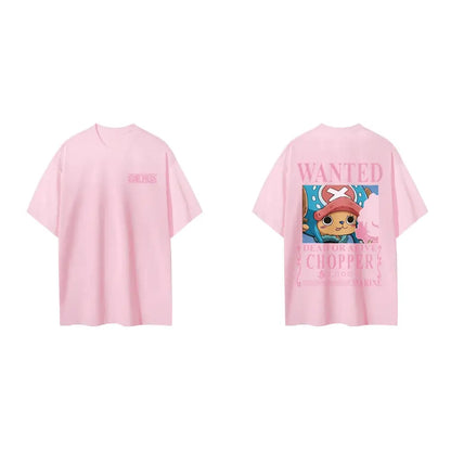 Pink cotton short sleeve t shirt with tony tony chopper wanted graphic on back and one piece logo on front