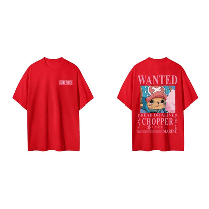 Red short sleeve tony tony chopper tee featuring wanted poster design on back and pink one piece logo on chest