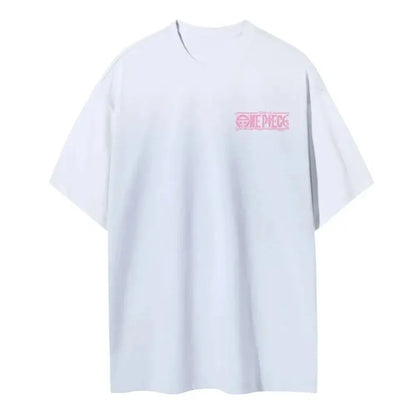 White short-sleeved t-shirt with a pink one piece logo featuring tony tony chopper on the left chest