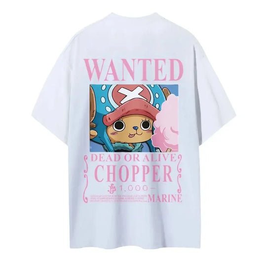 White short sleeve tony tony chopper tee featuring pink wanted poster design with chopper holding cotton candy