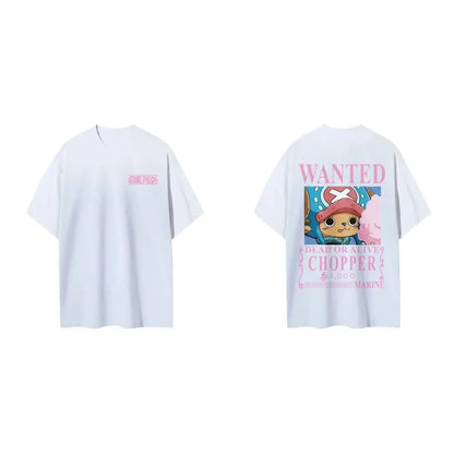 White cotton short sleeve t shirt with pink wanted poster of tony tony chopper on back and small one piece logo front