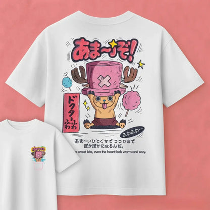 White pure cotton t-shirt featuring tony tony chopper cartoon with pink top hat and candy floss with japanese text print