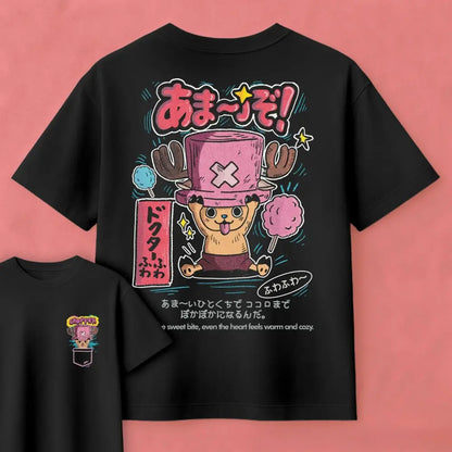 Black short-sleeved pure cotton tony tony chopper t-shirt with vibrant cartoon antlers character and japanese candy design