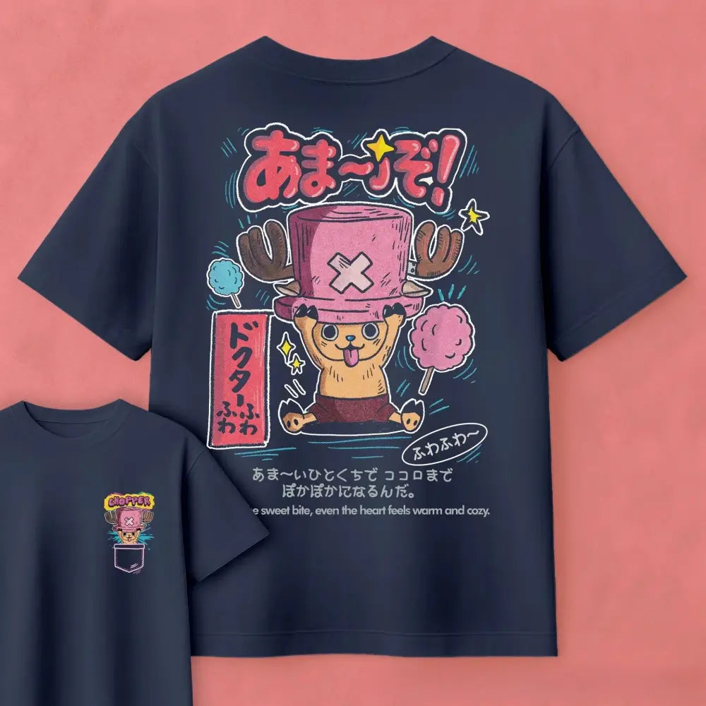 Navy blue pure cotton tony tony chopper t-shirt with colorful cartoon character in pink top hat and japanese candy graphics