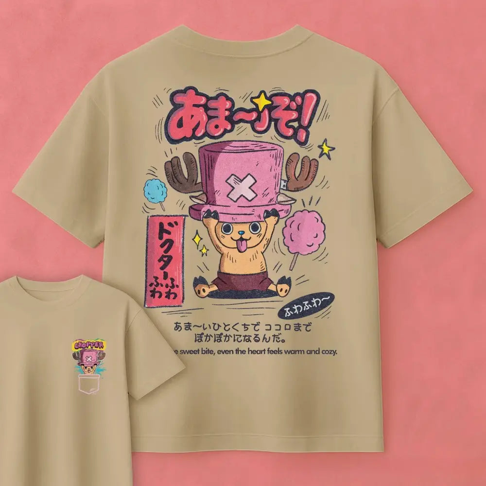 Beige pure cotton tony tony chopper t-shirt with cartoon character in pink top hat surrounded by cotton candy and japanese text