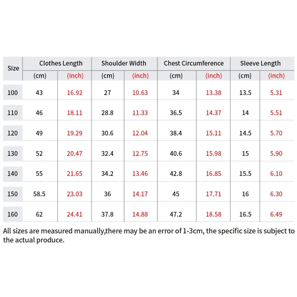 Size chart for pure cotton one piece tony tony chopper t shirt showing measurements in cm and inches for sizes 100 to 160