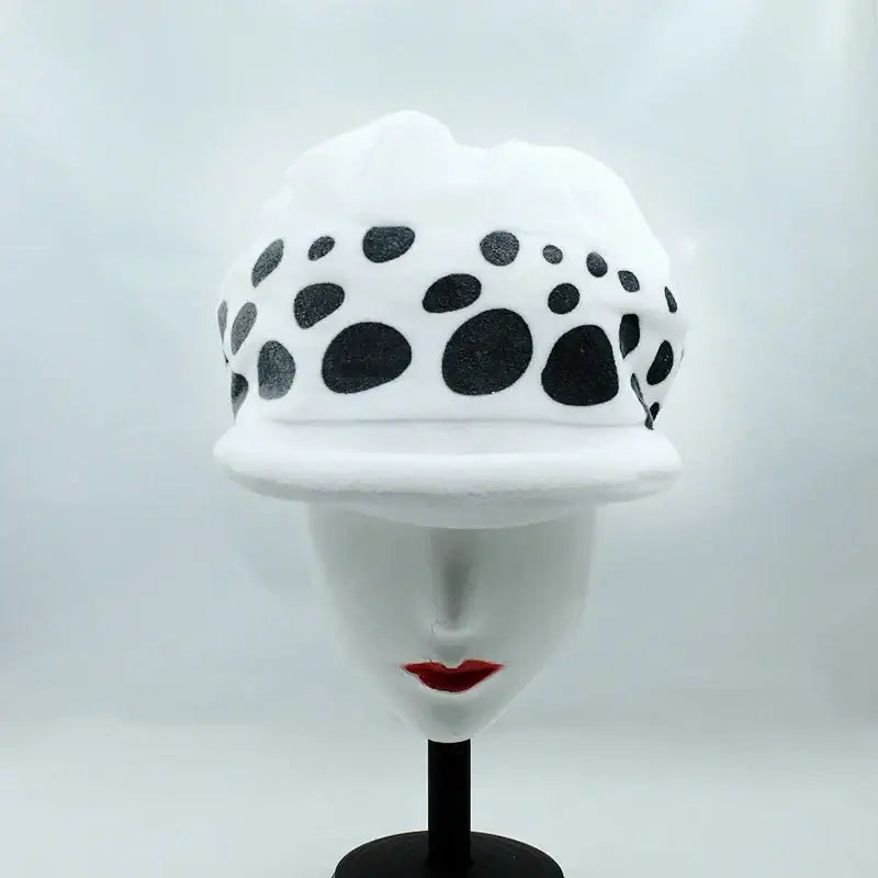 One piece trafalgar law plush hat in white fabric with black glittery polka dots spot cap design