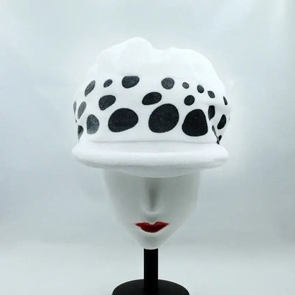 One piece trafalgar law plush hat in white fabric with black glittery polka dots spot cap design