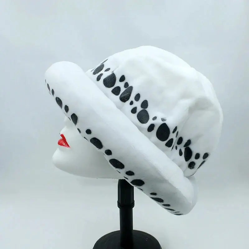 White plush one piece trafalgar law hat with black paw print pattern and spot cap design