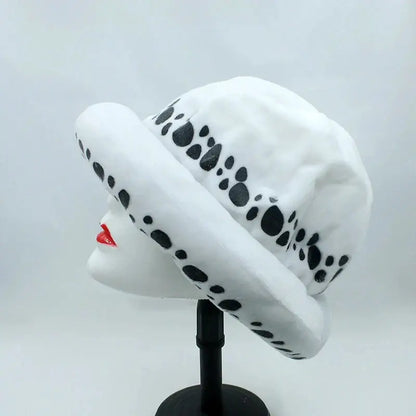White plush one piece trafalgar law hat with black paw print pattern and spot cap design