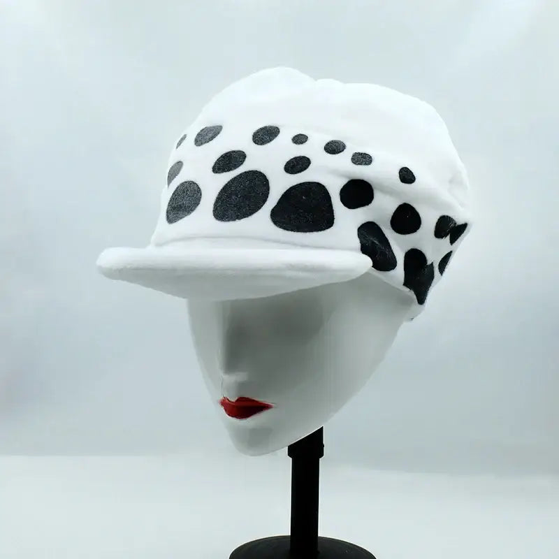 One piece trafalgar law plush hat in white with black glittery polka dots soft and stylish spot cap