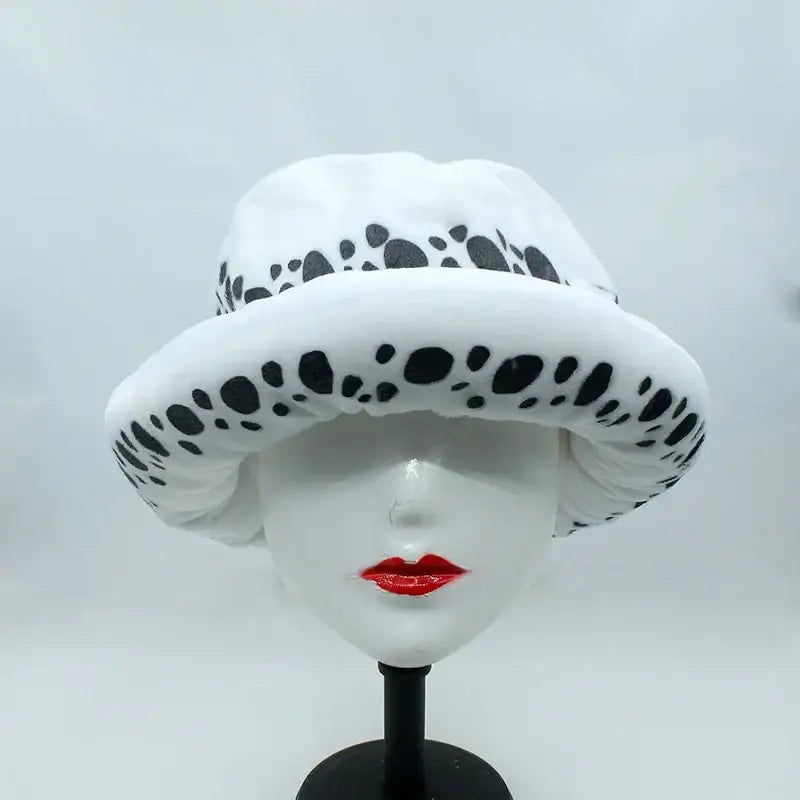 White bucket hat with black polka dots made of plush material featuring one piece trafalgar law design
