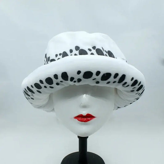 White bucket hat with black polka dots made of plush material featuring one piece trafalgar law design
