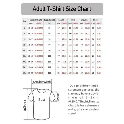 Adult t-shirt size chart with measurements in centimeters and inches for trafalgar law rash guard heart pirates design sizes s to 6xl