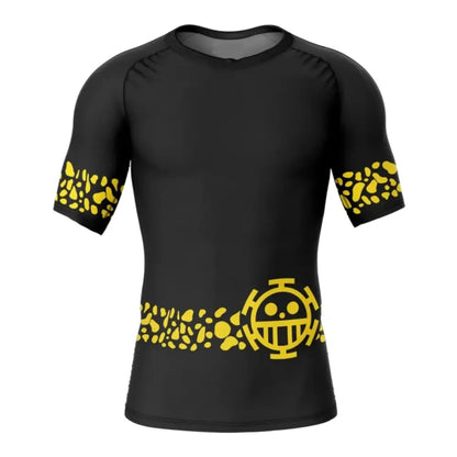 Black short-sleeved trafalgar law rash guard with yellow stone pattern and heart pirates skull emblem on front