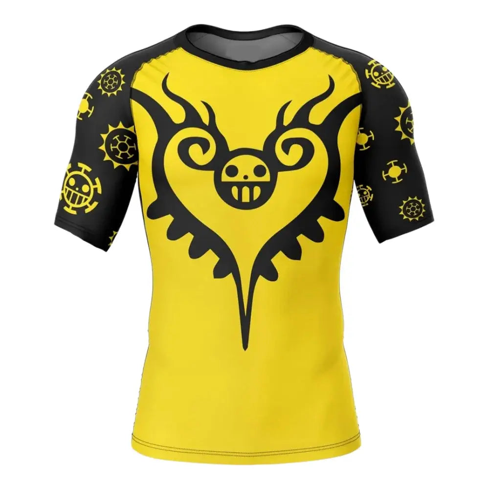 Bright yellow trafalgar law rash guard with black accents and skull heart pirates design quick-dry lightweight