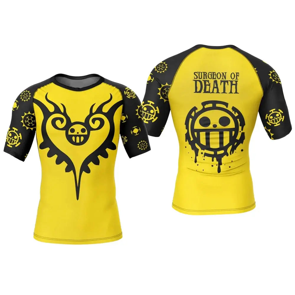 Yellow and black trafalgar law rash guard with skull design and surgeon of death text on the back for heart pirates fans