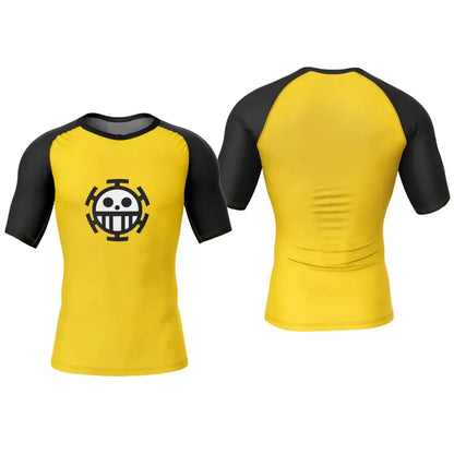 Yellow and black raglan trafalgar law rash guard with white skull heart pirates logo quick-dry lightweight design