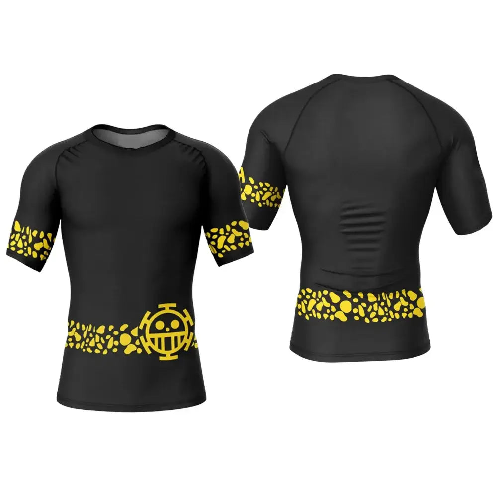 Black short-sleeved trafalgar law rash guard with yellow heart pirates emblem and matching patterned trim, quick-dry lightweight