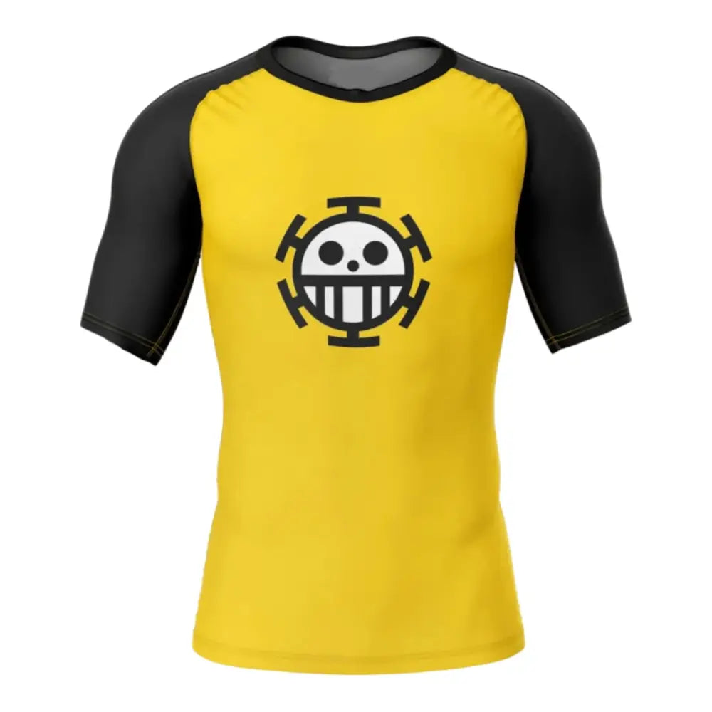 Yellow and black trafalgar law rash guard with white skull heart pirates logo quick-dry lightweight short sleeve